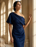 Navy Blue Satin Off-Shoulder Slit Maxi Dress