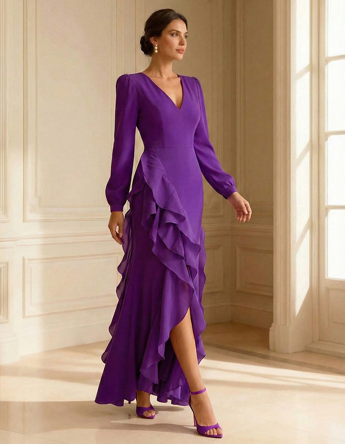 Deep Purple Chiffon Ruffles Maxi Dress