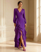 Deep Purple Chiffon Ruffles Maxi Dress