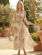 Pink Floral White Tulle Deep V Maxi Dress