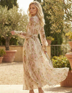 Pink Floral White Tulle Deep V Maxi Dress