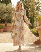 Pink Floral White Tulle Deep V Maxi Dress