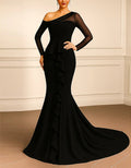 Solid Color One Shoulder Mesh Patchwork Fishtail Maxi Dress