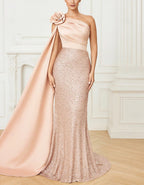 Solid Color Satin Sequined One-Shoulder Maxi Dress