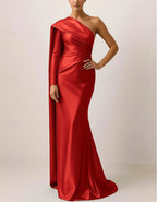 Solid Color Satin One-Shoulder Cape Fishtail Maxi Dress