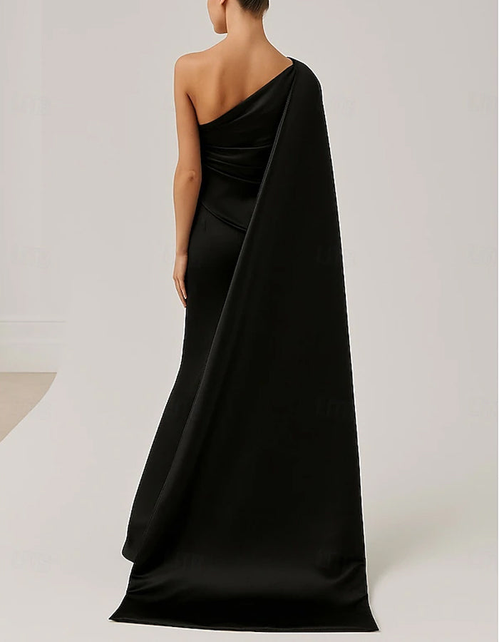 Solid Color Satin One-Shoulder Cape Fishtail Maxi Dress