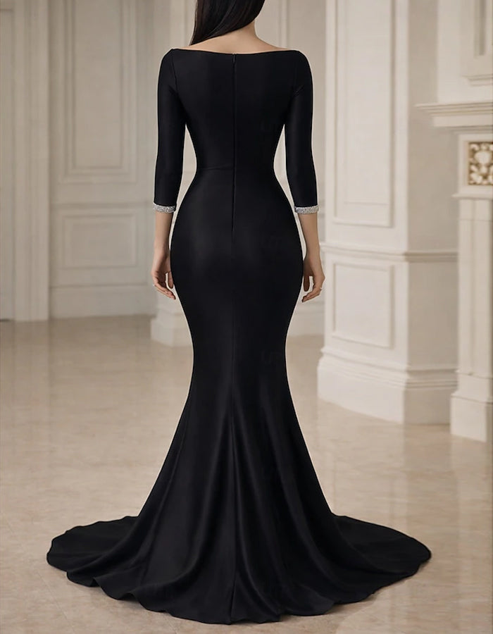 Black Satin Fishtail Maxi Dress
