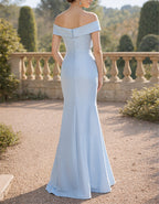 Light Blue Satin Off-Shoulder Floral Fishtail Maxi Dress