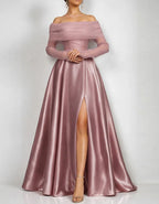 Solid Color Satin Off-Shoulder Mesh Maxi Dress