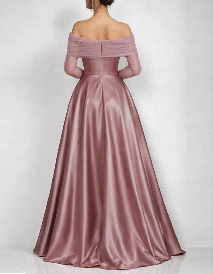Solid Color Satin Off-Shoulder Mesh Maxi Dress