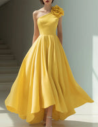 Yellow Satin Shoulder Floral Embellishment Maxi Dress