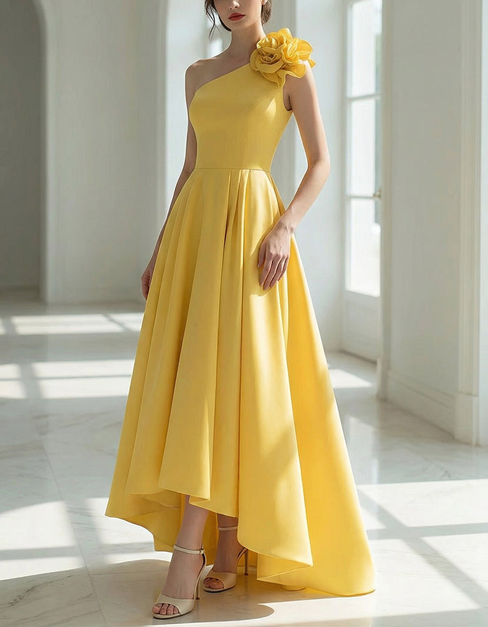 Yellow Satin Shoulder Floral Embellishment Maxi Dress