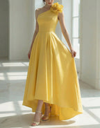 Yellow Satin Shoulder Floral Embellishment Maxi Dress
