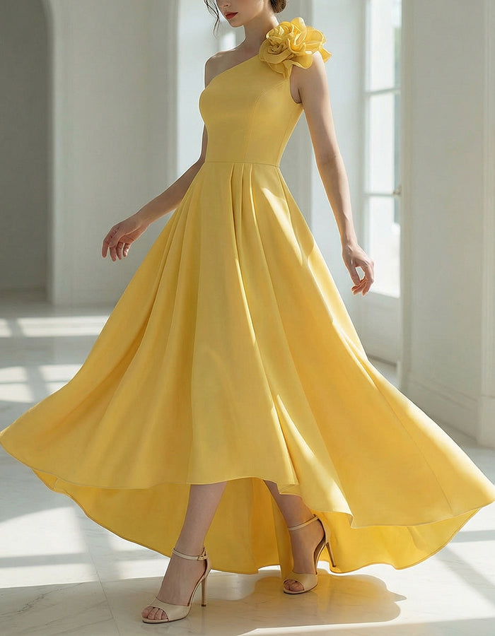Yellow Satin Shoulder Floral Embellishment Maxi Dress