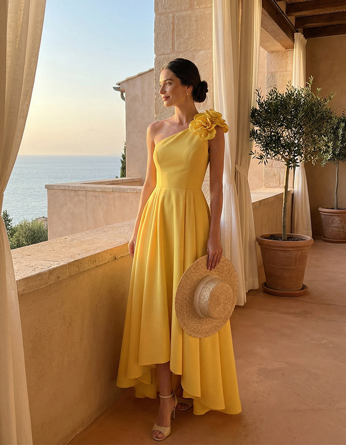 Yellow Satin Shoulder Floral Embellishment Maxi Dress