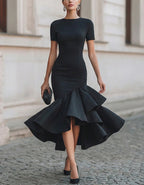 Black Ruffled Fishtail Midi Dress
