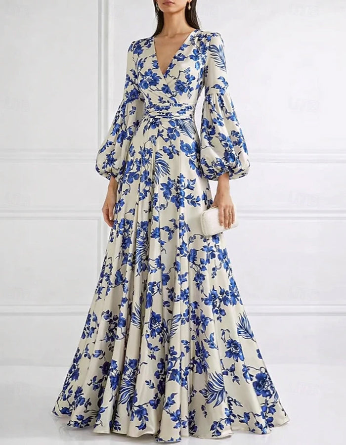 White Printed Satin Lantern Sleeve Maxi Dress