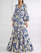 White Printed Satin Lantern Sleeve Maxi Dress