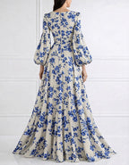 White Printed Satin Lantern Sleeve Maxi Dress
