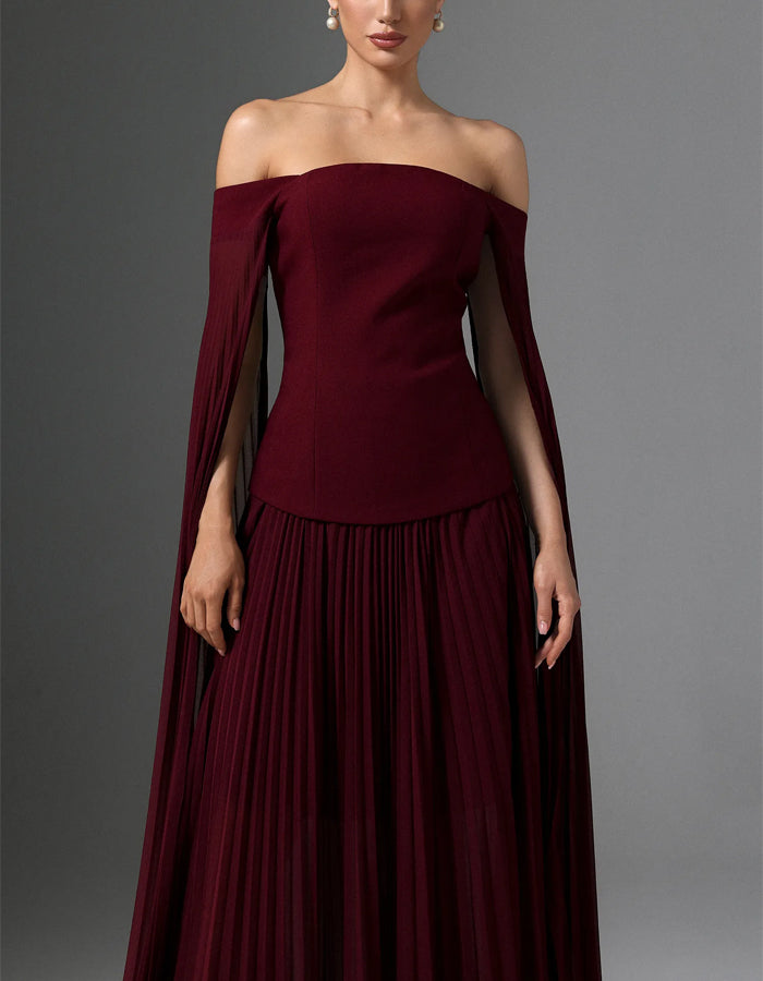 Burgundy Off Shoulder Cape With Chiffon Pleats Maxi Dress