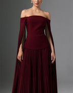 Burgundy Off Shoulder Cape With Chiffon Pleats Maxi Dress