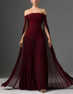 Burgundy Off Shoulder Cape With Chiffon Pleats Maxi Dress