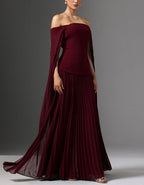 Burgundy Off Shoulder Cape With Chiffon Pleats Maxi Dress