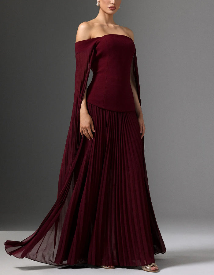 Burgundy Off Shoulder Cape With Chiffon Pleats Maxi Dress