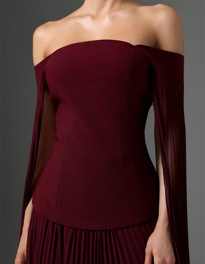 Burgundy Off Shoulder Cape With Chiffon Pleats Maxi Dress
