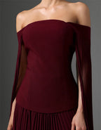 Burgundy Off Shoulder Cape With Chiffon Pleats Maxi Dress