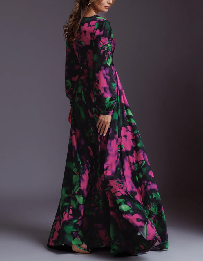 Dark Green And Rose Pink Color-blocked Printed Maxi Dress
