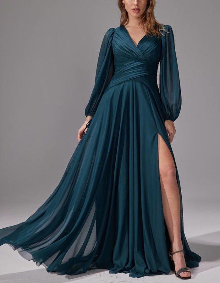 Aqua Chiffon Fitted Waist Slit Maxi Dress