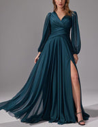Aqua Chiffon Fitted Waist Slit Maxi Dress