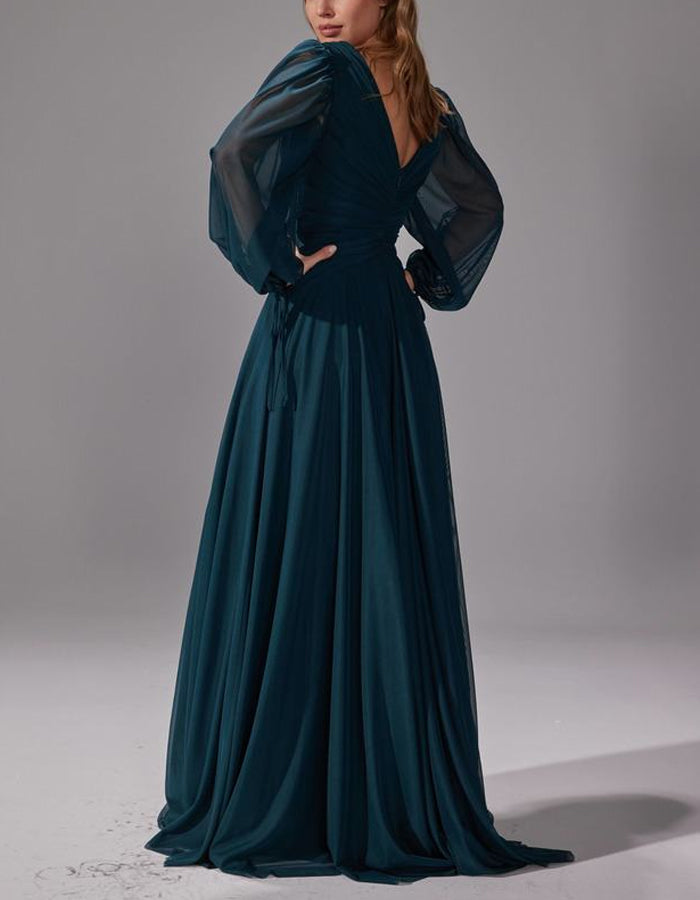 Aqua Chiffon Fitted Waist Slit Maxi Dress