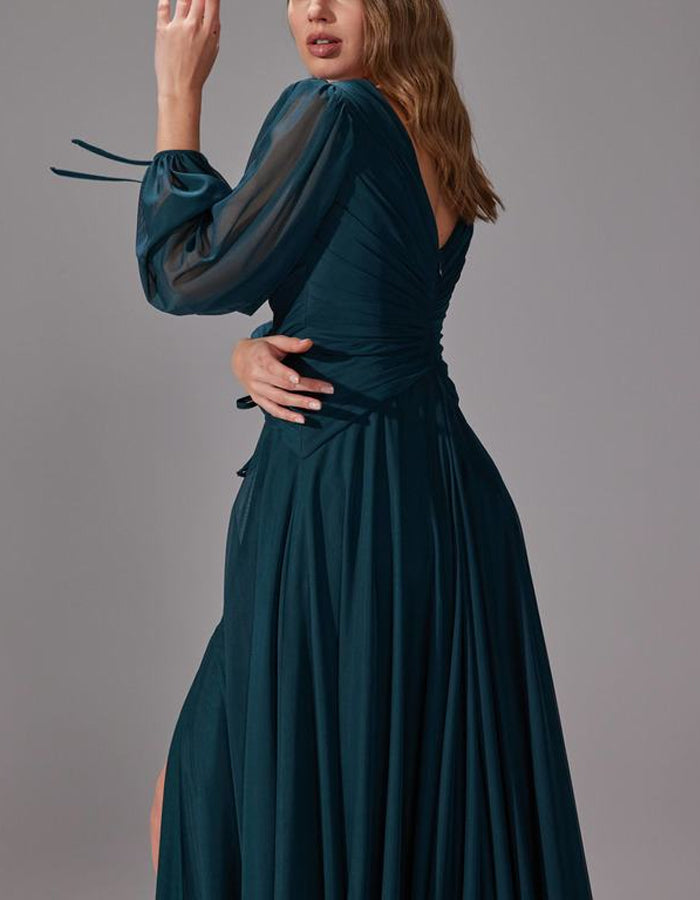Aqua Chiffon Fitted Waist Slit Maxi Dress