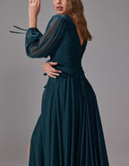 Aqua Chiffon Fitted Waist Slit Maxi Dress