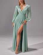 Mint Green Chiffon Deep V-Neck Slit Maxi Dress