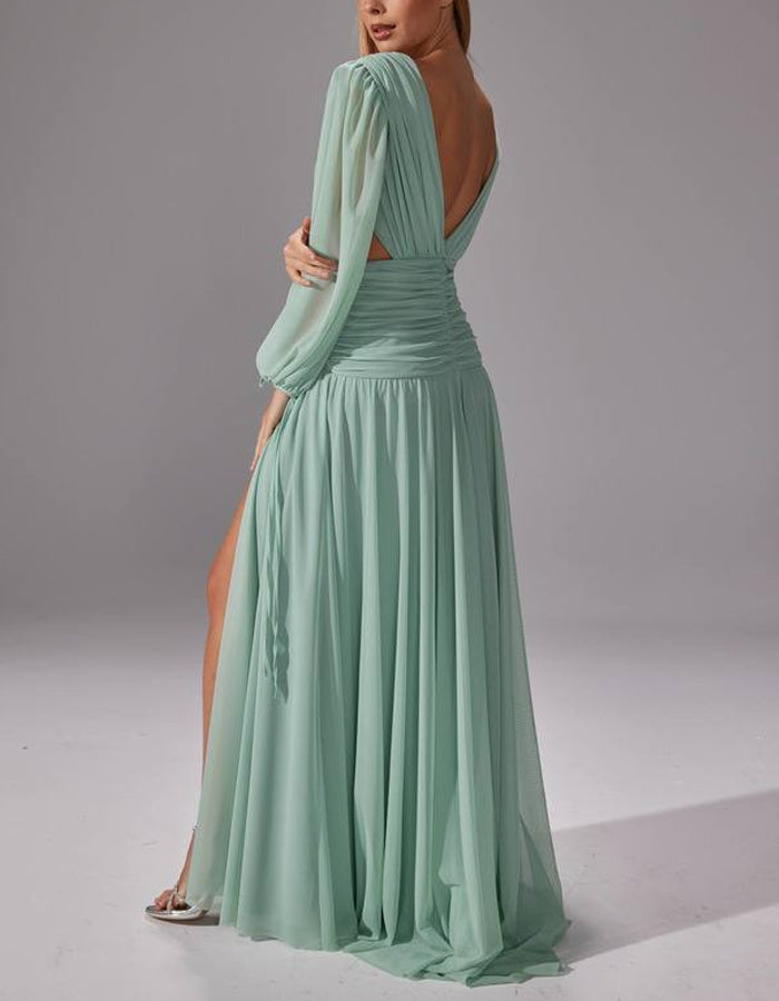 Mint Green Chiffon Deep V-Neck Slit Maxi Dress