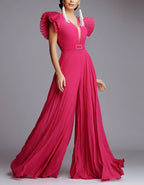 Rose Red Chiffon Ruffled Wide Leg Jumpsuit