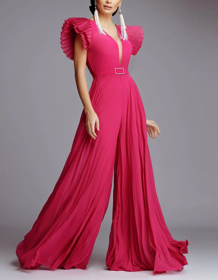 Rose Red Chiffon Ruffled Wide Leg Jumpsuit