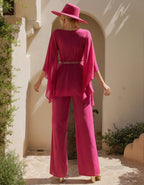 Rose Red Chiffon Shawl Wide Leg Jumpsuit