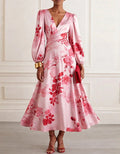 Solid Color Satin Printed Lantern Sleeve Midi Dress