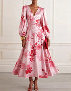 Solid Color Satin Printed Lantern Sleeve Midi Dress