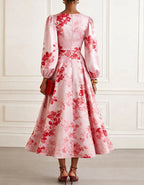 Solid Color Satin Printed Lantern Sleeve Midi Dress