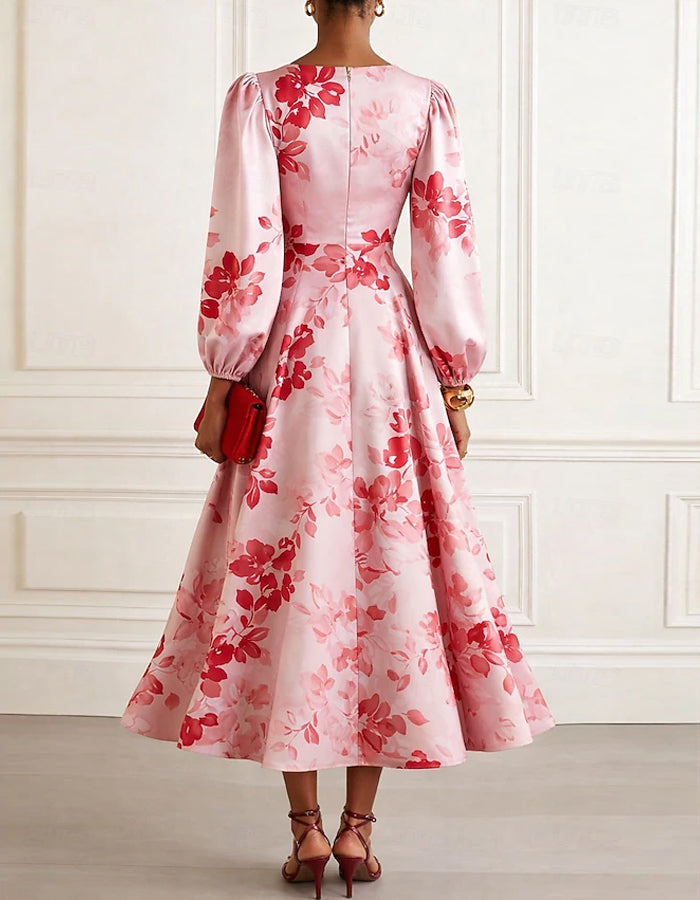 Solid Color Satin Printed Lantern Sleeve Midi Dress