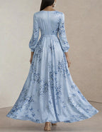 Solid Color Satin Printed Lantern Sleeve Midi Dress