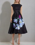 Black Satin Printed Waist Cinching Midi Dress