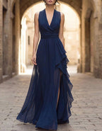 Navy Blue Chiffon Deep V Layered  Maxi Dress