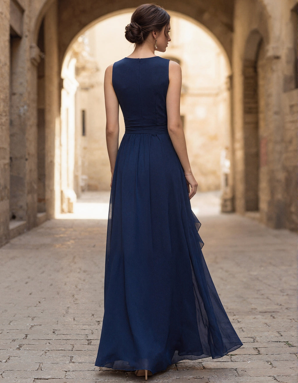 Navy Blue Chiffon Deep V Layered  Maxi Dress