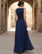 Navy Blue Chiffon Deep V Layered  Maxi Dress